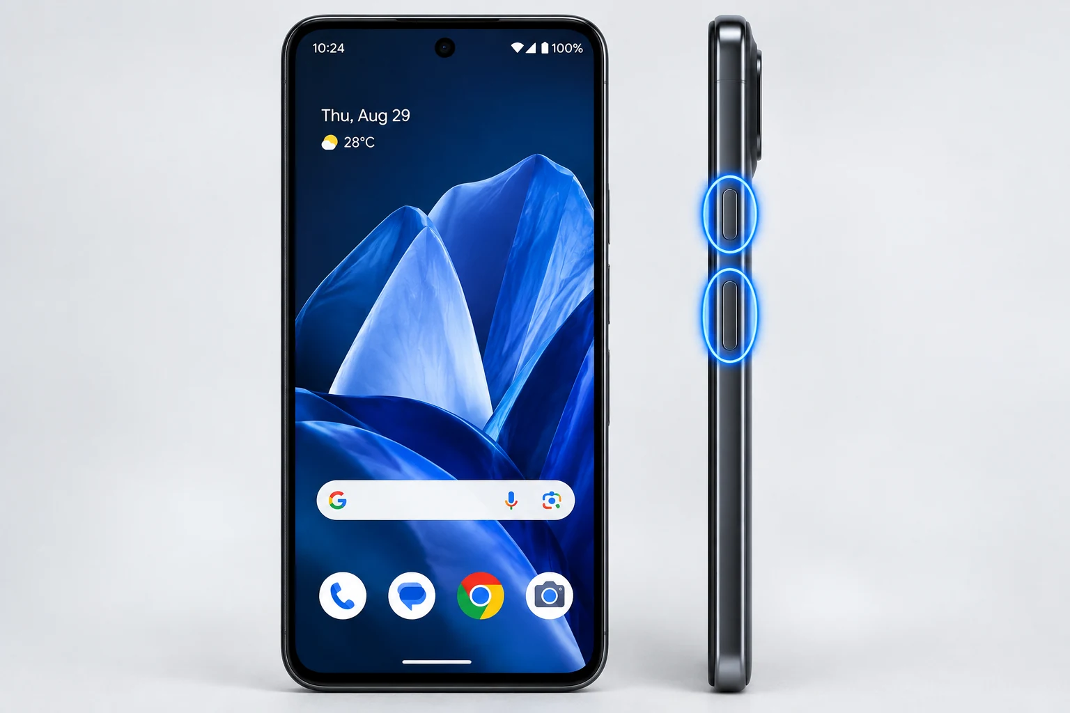 Modern Android phone showing the Power and Volume Down buttons used for screenshots.