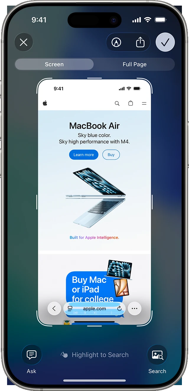 iPhone full-page screenshot editor with Screen and Full Page tabs