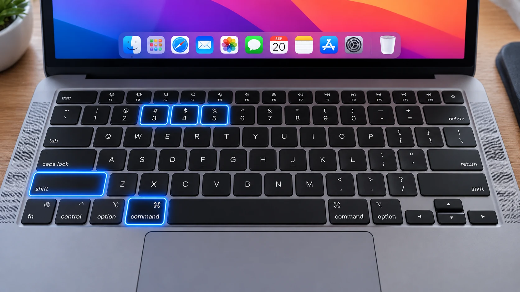 Realistic Mac keyboard showing the screenshot shortcut keys.