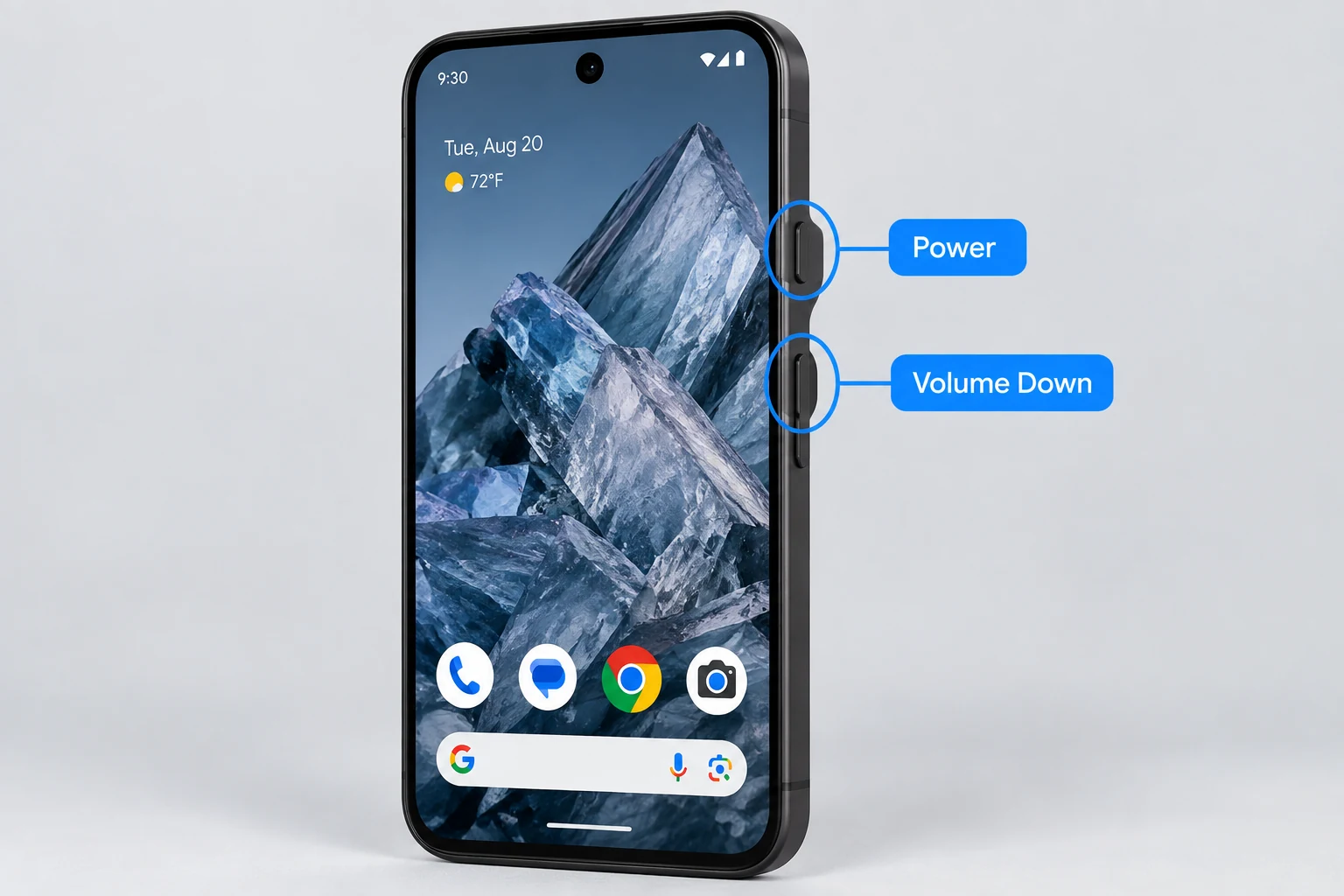 Google Pixel 11-style phone showing Power and Volume Down buttons