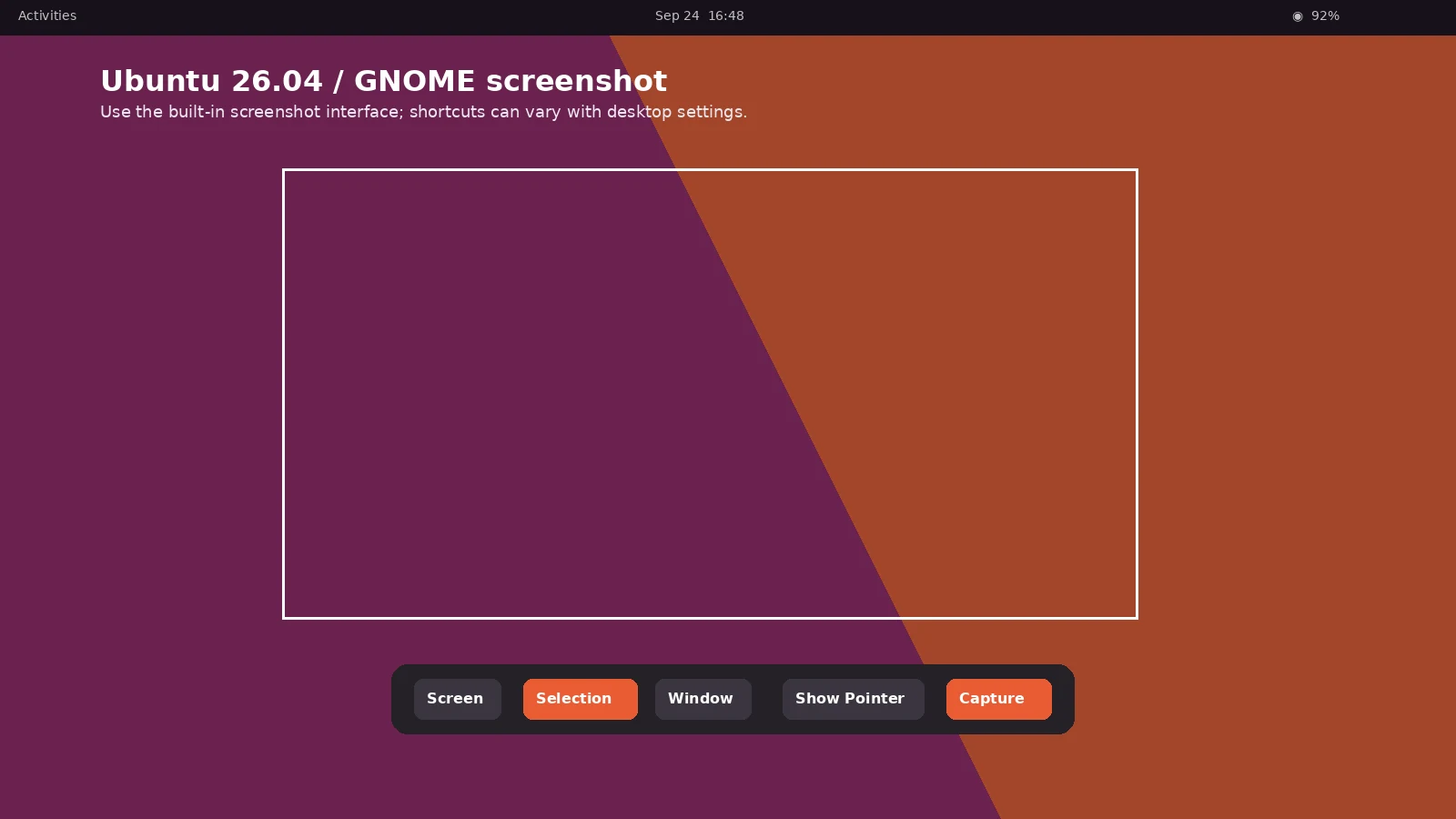 Ubuntu 26.04 GNOME screenshot overlay with Selection capture active