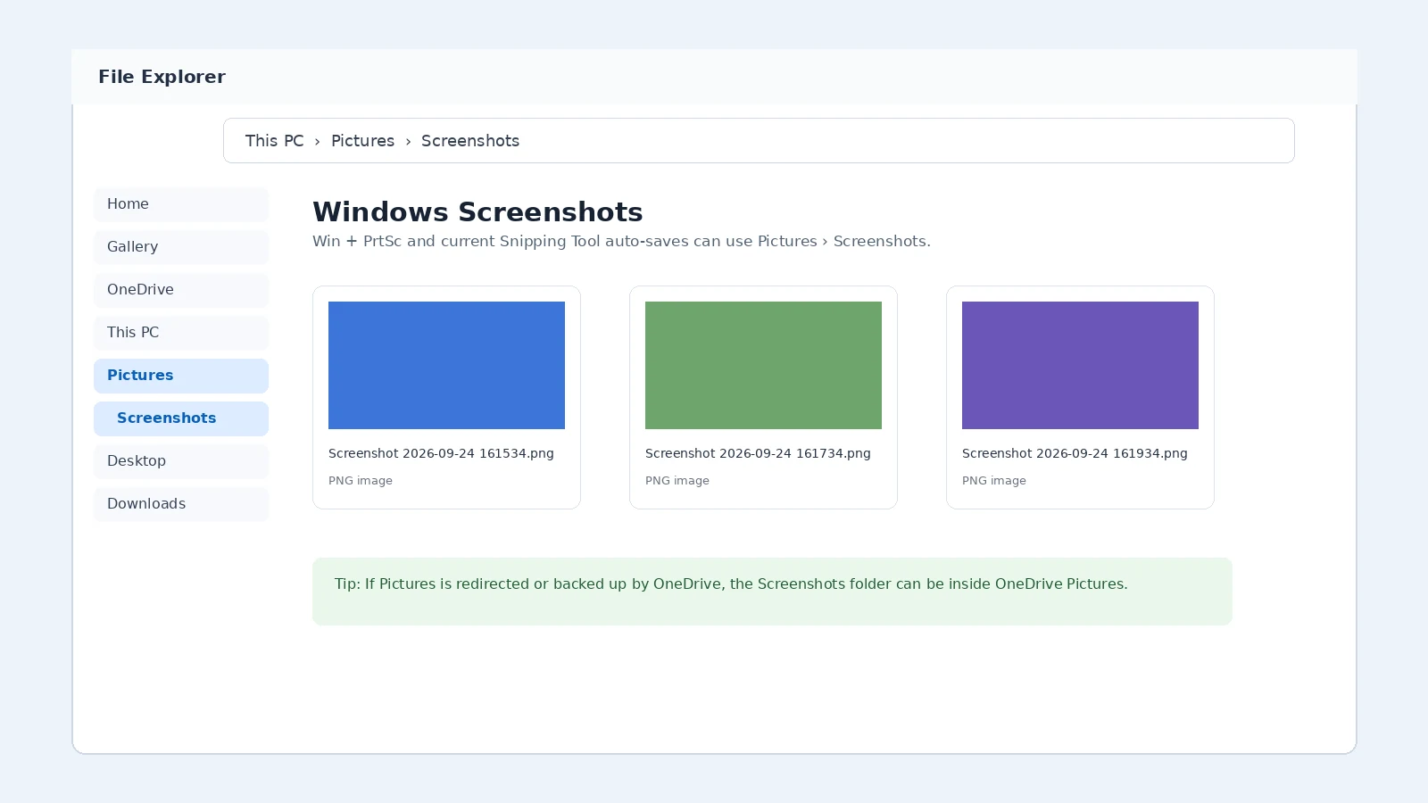 Windows File Explorer showing Pictures and the Screenshots folder